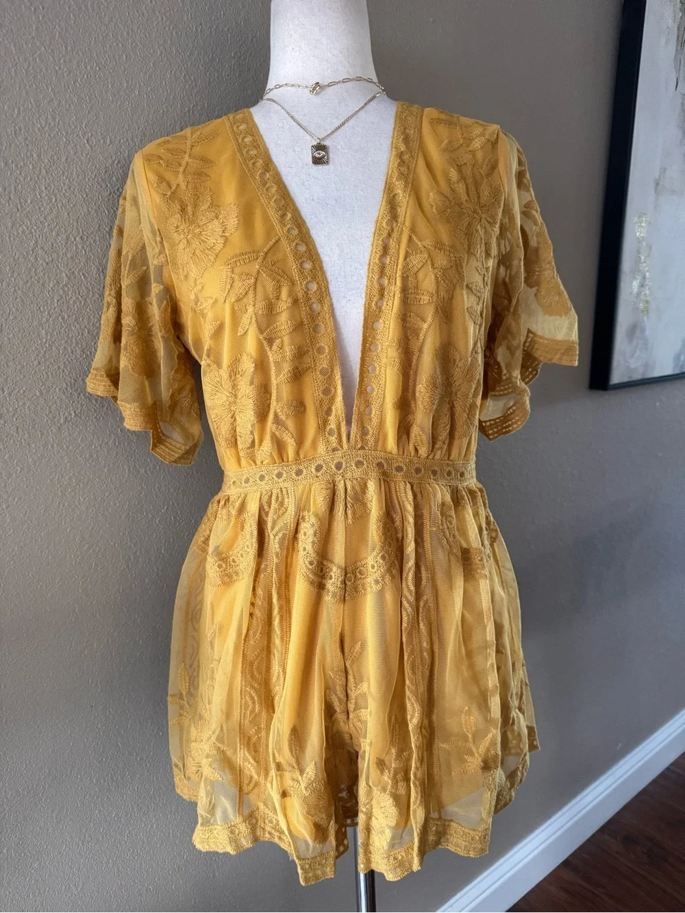 Mustard Lace Romper with Deep V - Picture 7 of 10